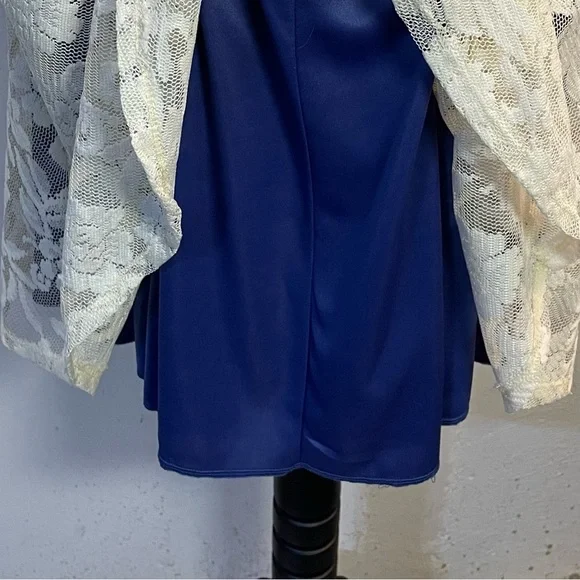 #0139 Love Culture Off White Lace Overlay Royal Blue Lining Cut-out Back Dress-L - Picture 6 of 9